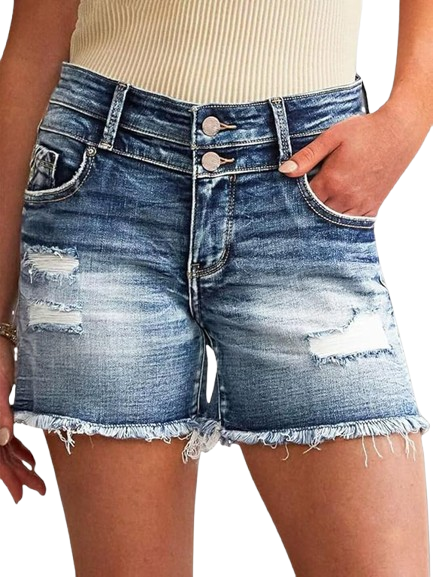 The Double Button Ripped Shorts with Raw Hem Summer Styling